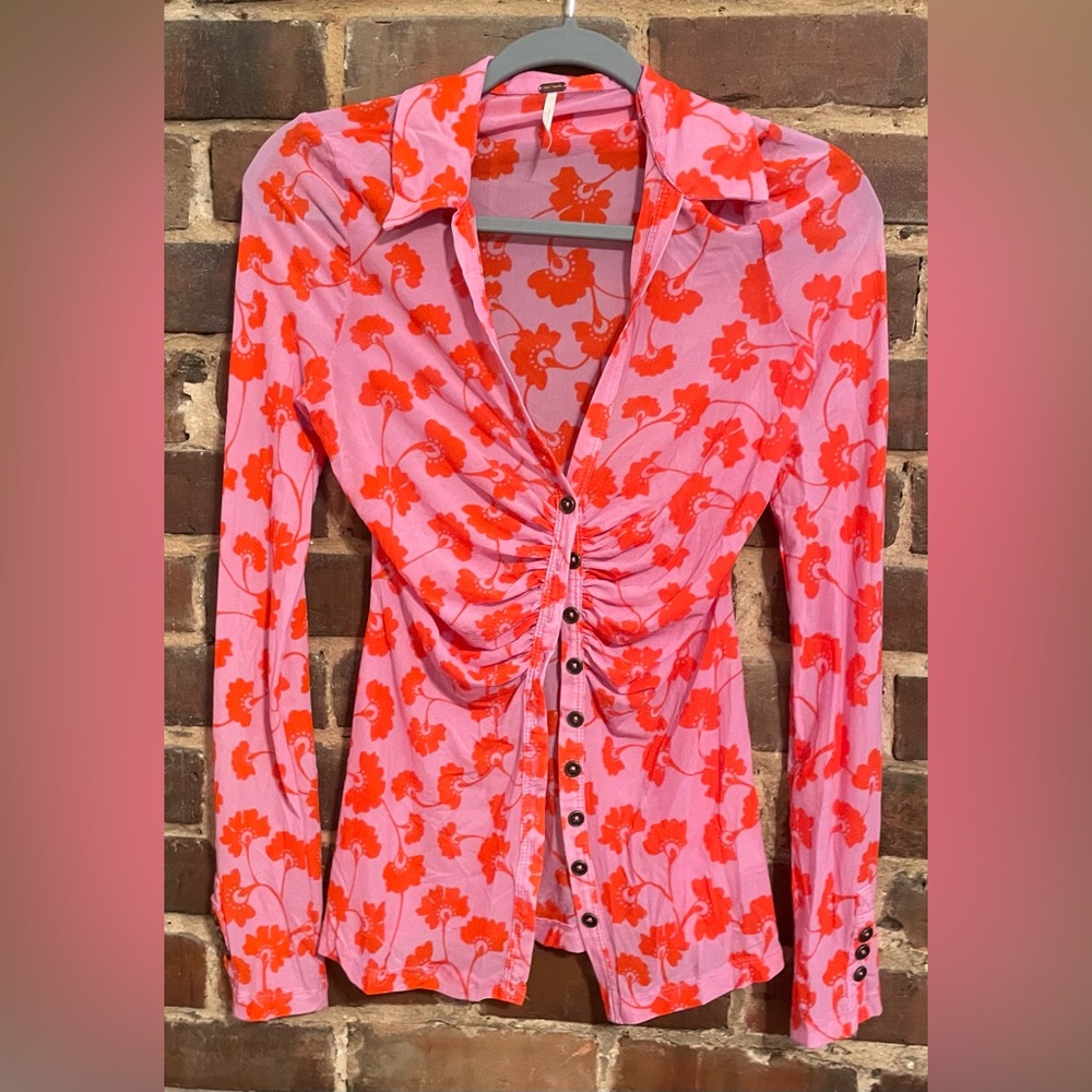 Free People Red & Pink Floral Sheer Top